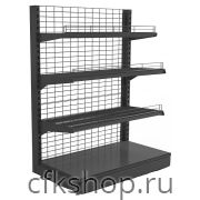 Стеллаж торцевой низкий Евромаркет L=1000, H=1320, G=500 с полками 2х400 мм, 2х300 мм, нижний цоколь, дополнительная стойка