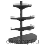 Стеллаж торцевой полукруглый низкий Евромаркет H=1320, G=500 с полками 2х400 мм, 1х300 мм, нижний цоколь, дополнительная стойка